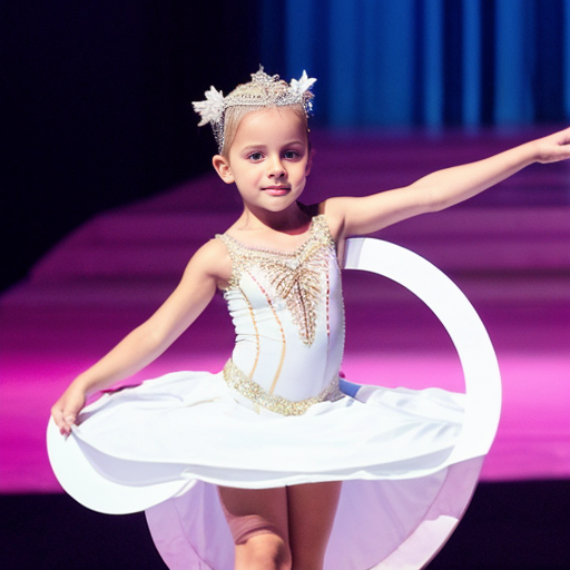 5岁女孩穿白色拉丁舞服，拉丁舞服上布满大号镂空圈