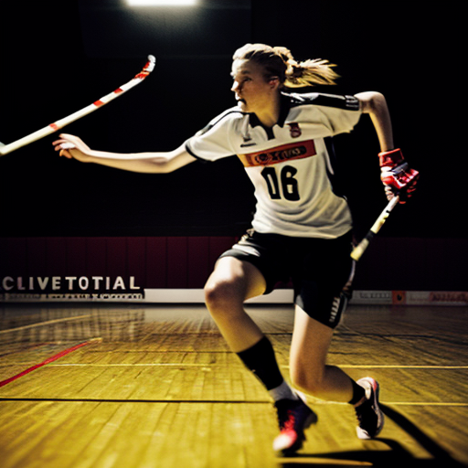 Dynamic action shot of a professional floorball player shooting with the "RAGE STRIKE PRO" stick. Motion blur on the ball, aggressive posture, arena lights glowing in the background. Matte black carbon shaft with blood-red torn graphics clearly visible. Red lighting atmosphere, sweat particles in air, intense sports photography, shallow depth of field, high shutter speed effect, ultra-realistic, cinematic, 8K.