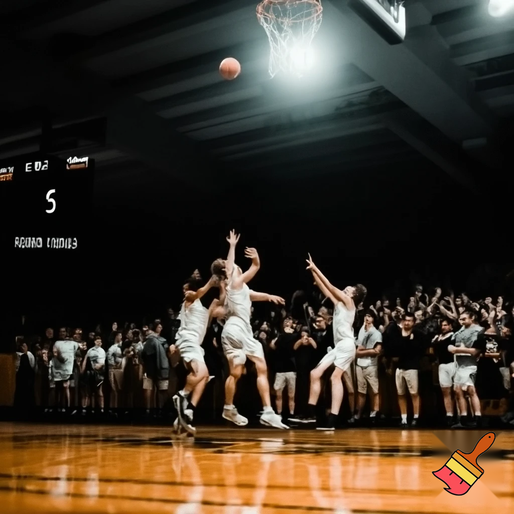 behind white teenage basketball players making a game winning three pointer