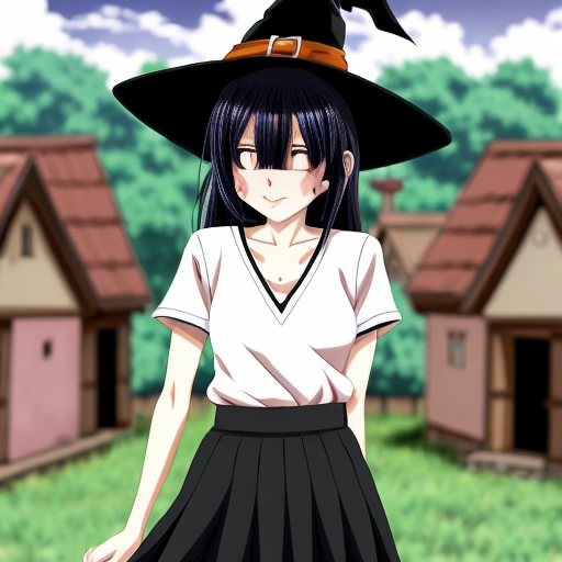 An anime witch girl with black hair, cute face, black eye. She have been abused until she only have broken skirt left. She is naked. She is 16 year old and height is 1,5m. She is tried to cover her skirt. The background is village with a lot of peopla