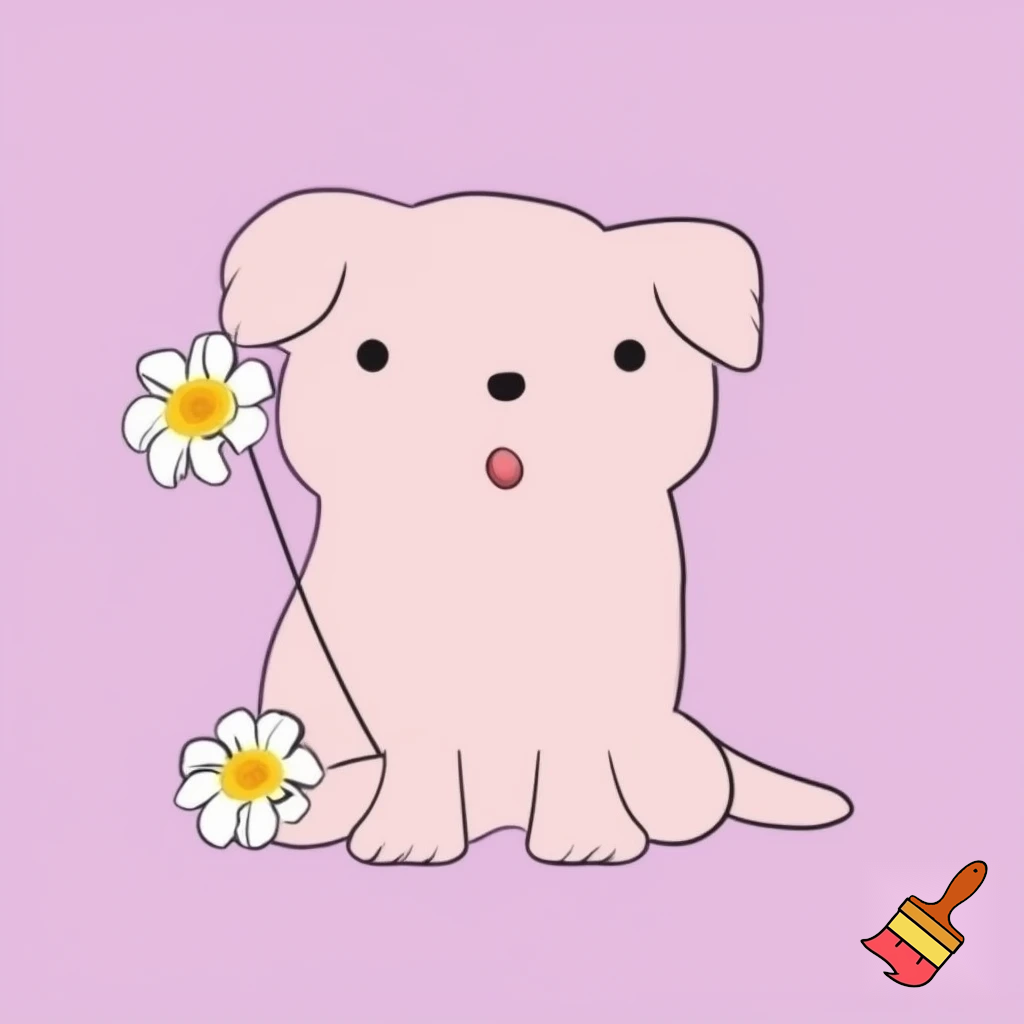 A minimalistic simple cute pink kawaii puppy holding a daisy flower, Japanese drawing style.