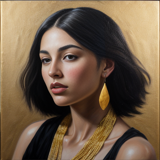 Ultra-realistic oil painting portrait of a confident young Black woman with voluminous curly dark hair accented with thick, textured gold paint strokes, wearing long gold drop earrings and an ornate multi-strand gold statement necklace with large circular pendants, dressed in a thin-strapped 
gold metallic satin-top. She has warm deep brown skin with smooth, blended oil paint brushstrokes defining her full lips, and sharp dark eyebrows, with direct eye contact toward the viewer. 
The background is a textured gold canvas with visible thick, expressive impasto brushstrokes in varying shades of warm gold and deep bronze. 
Medium close-up shot, eye-level camera angle, centered composition, soft directional side lighting creating warm specular highlights on her skin, jewelry, and hair, with soft, blended shadows that enhance the dimensionality of the paintwork. A rich, warm color palette of browns, warm gold, and amber characterizes this luxurious, high-quality artistic style in the spirit of Lee Bogle.
The pronounced impasto texture of the oil painting permeates the entire artwork. The atmosphere feels atmospheric, majestic, and elegant. High resolution, sharp detailed brushwork.  

