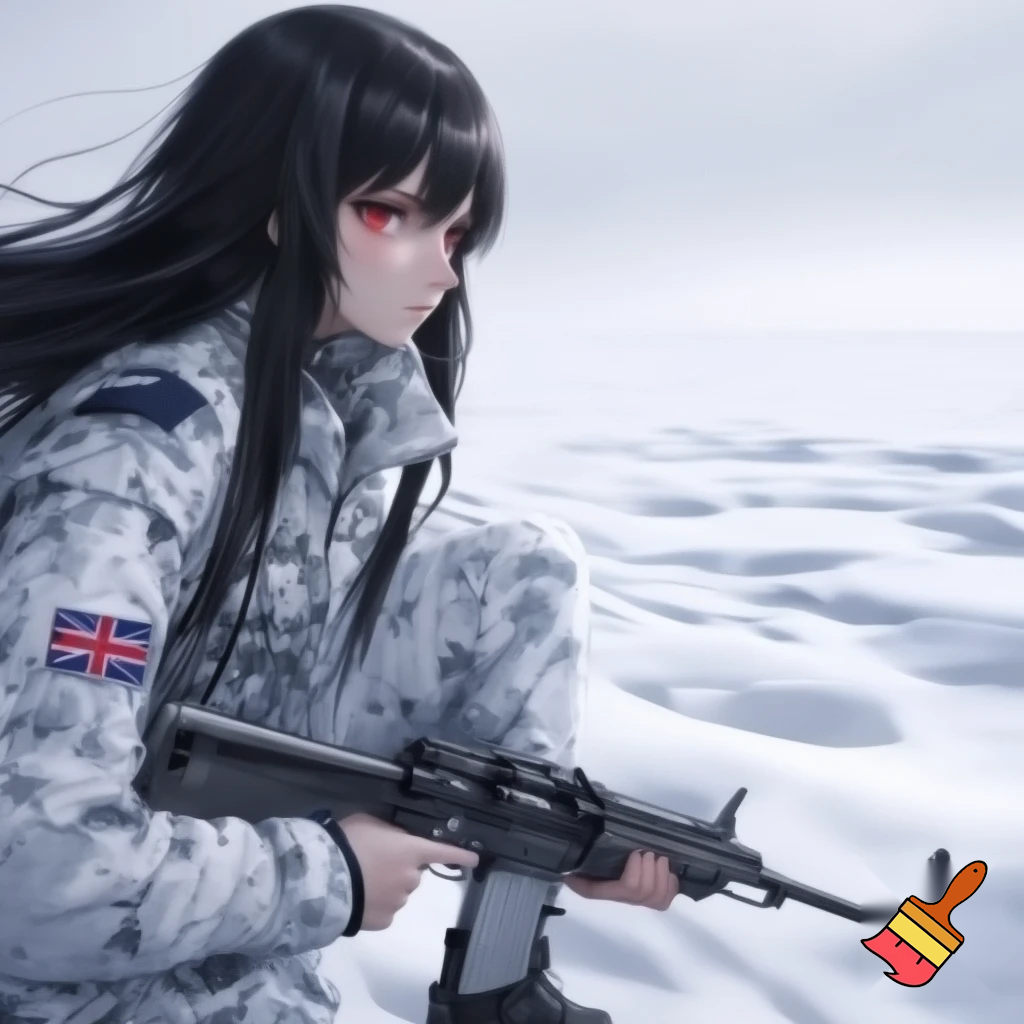 realistic colours, zoomed out veiw. large eyes looking to the left behind the camera, long black hair, red eyes, 19 years old girl. wearing white military camo clothing, jacket and pants  with british sas flag on the sleeve, kneeling in snow, holding a rifle. anime stye 