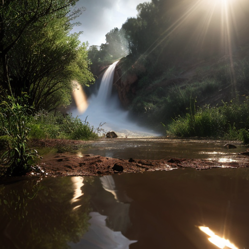 
"A dramatic cinematic shot of a powerful flash flood rushing through a Moroccan valley (Oued) with traditional red clay surroundings. In the foreground, a large, crystal-clear water drop is suspended in the air. Inside the drop, a reflection of a lush green forest is visible. The lighting is moody with golden hour sun rays. The style is hyper-realistic, 8k resolution, with a contrast between the muddy flood water and the pure blue drop."

