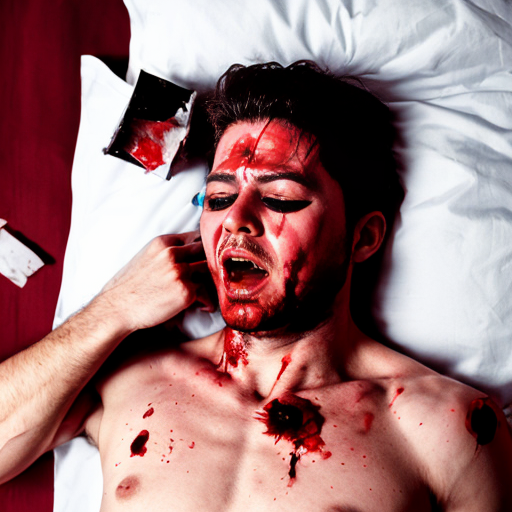 A shirtless man, face are hiding by shirt with cut on eye part, died, chest open wounded, blood everywhere, mouth are bleeding blood, eye closed.