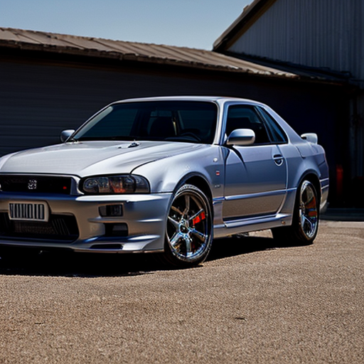 A Nissan skyline R34 and it's logo on the top left corner and the specifications and the top speed 