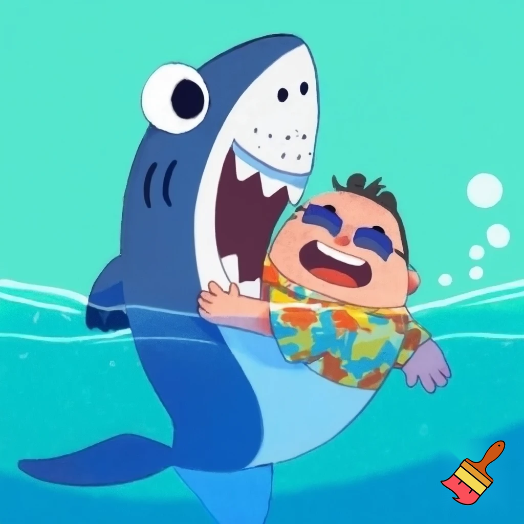 Animated gif of a man being swallowed whole by a shark. Cartoon, very cute.