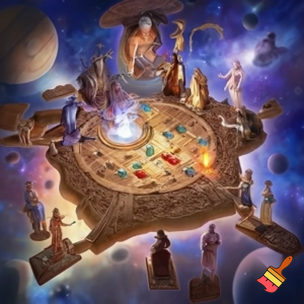Gods and goddes from differents mytologies and time playing with meeples on a floating hearth as boardgame