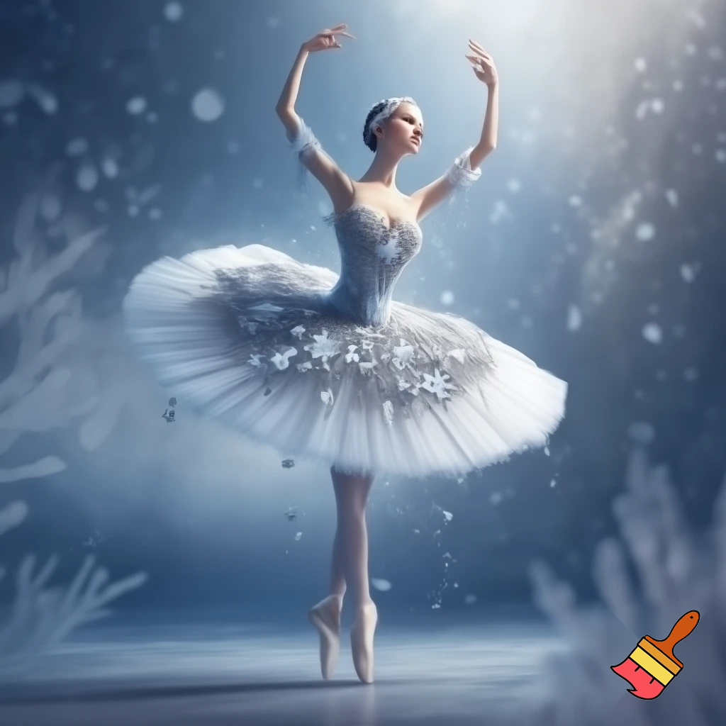 Красивая балерина во весь рост , её  тело в сказочных снежинках