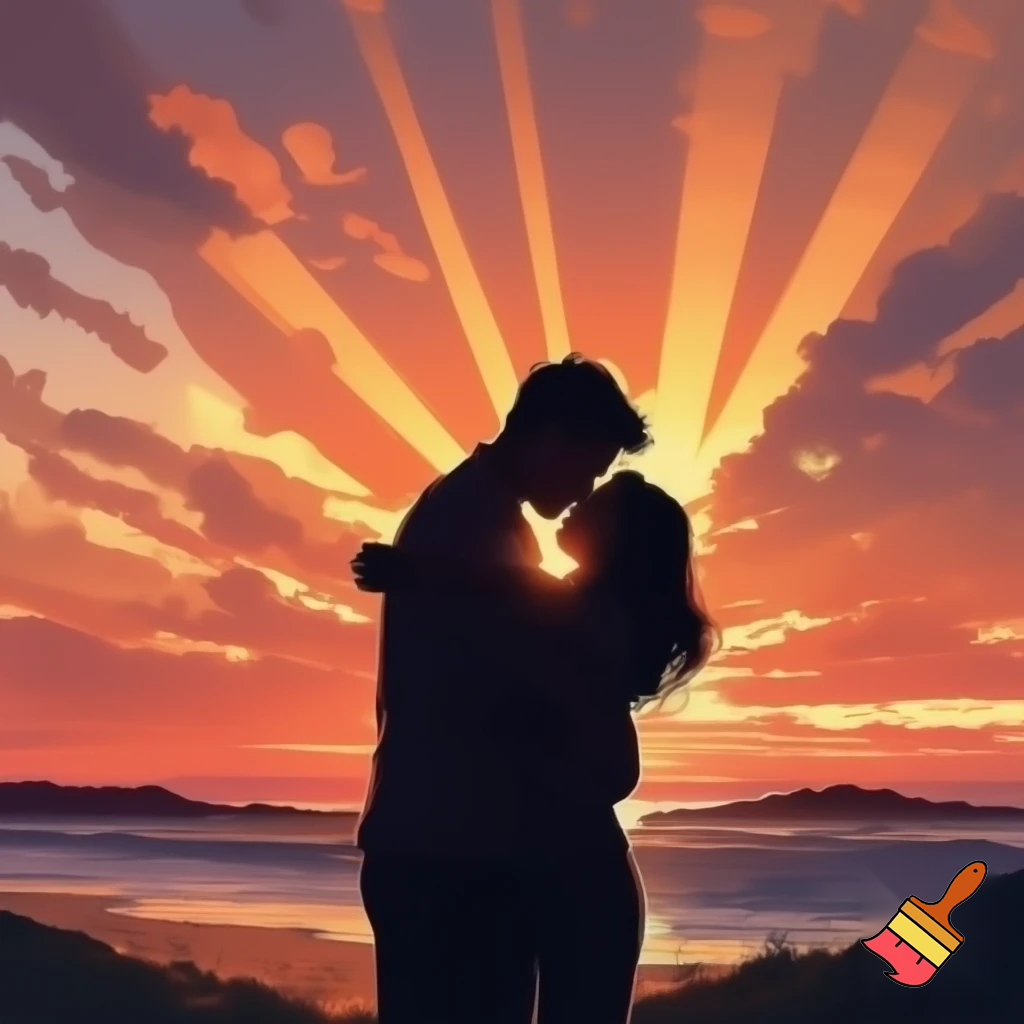 An image of a man with his wife on a sunset hugging themselves 
