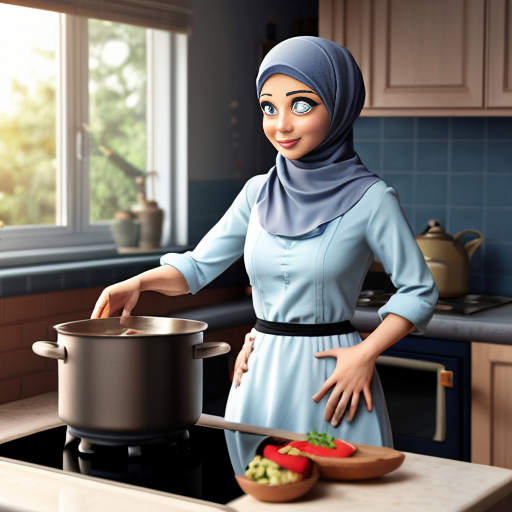 Pixar-style 3D cartoon character, standing at the stove, cooking gesture, exaggerated cartoon features, big expressive eyes, Muslim woman 35-40 years old, fully covered in wide light blue dress, headscarf covering all hair, modest appearance, gray background, consistent character, simple cartoon style, cinematic lighting