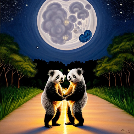 
A painting of a cute panda and koala sit , standing on a glowing path filled with fireflies. In the background, a calm sea under a bright full moon and a starry sky. Two bluethroat birds are flying gracefully above them."