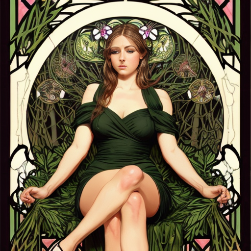 40 year old attractive olive skinned woman with the legs of a deer with hooves instead of human legs, yellow eye color with horizontal rectangular pupils,black mascara, green slightly sheer dress, forest setting mucha art style