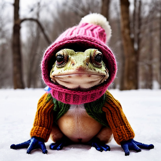 A laughable, puzzled animal toad in woolen, multicoloured winter clothings with woolen, funny winter cap. Hyperrealistic art style.