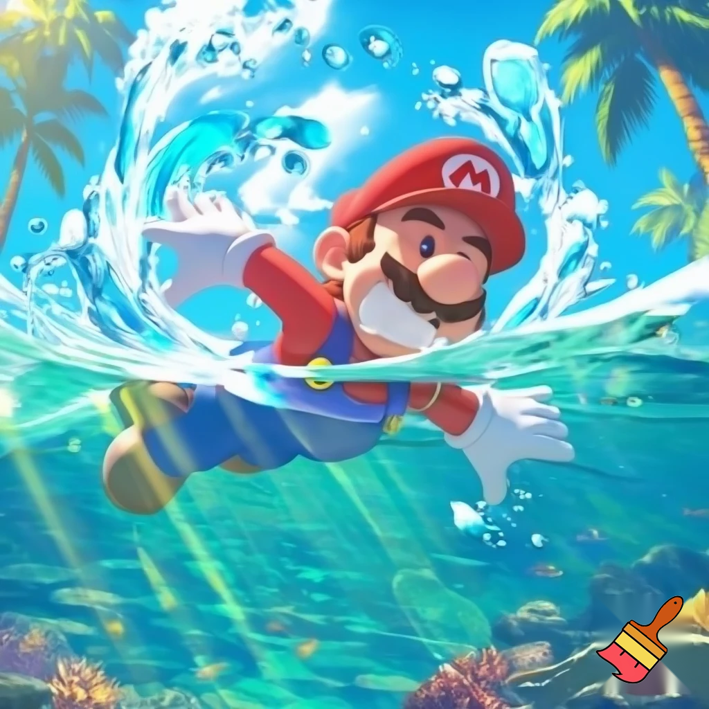 mario going for a swim, cartoon art style.