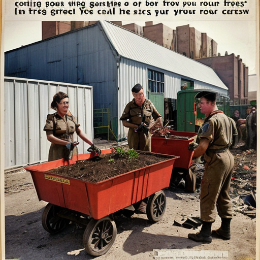 Women work in factories building equipment. Men in uniform prepare to leave for war. Children collect scrap metal in a red wagon. Posters on walls say, “Careless Talk Costs Lives” and “Grow Your Own.”