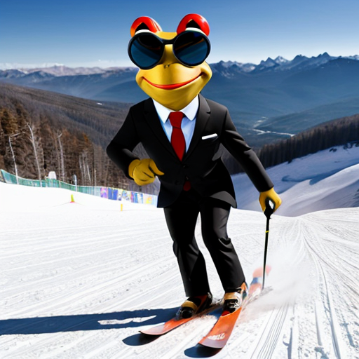 animated frog wearing a suit and tie with cool avaitor sunglasses skiing down a mountain
