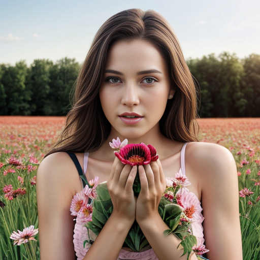 campo fiorito con donna completamente nuda