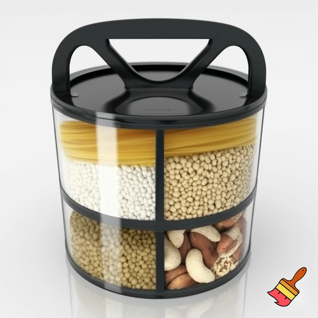 make a cylindrical food storage that has a handle ontop and has 4 sections holing different dried food e.g. pasta, rice,grains, nuts
