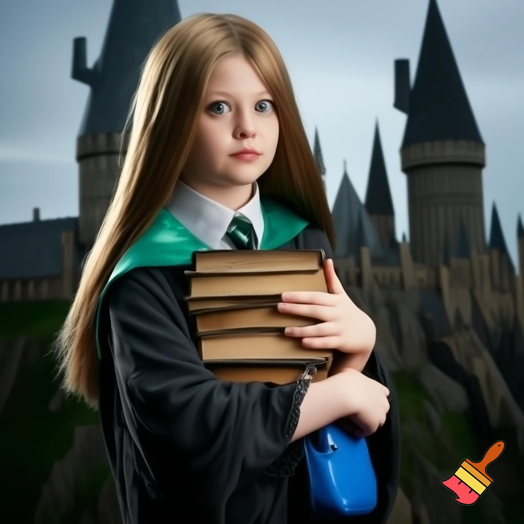 Make me a picture of a young 5'2, 14 year old girl with straight brownish-blonde hair and pale skin and glasz colored eyes. She is wearing Slytherin robes and standing in front of Hogwarts holding her books and she has a small blue side bag