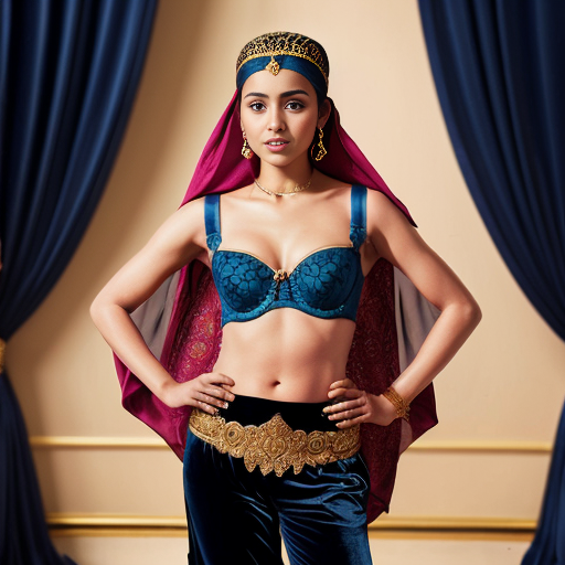 Aladdin 2d style of a Attractive Moroccan woman with dark skin wearing a headpiece, a veil, ornate cuffs, a bejeweled bra, a coin belt, harem pants and curved dance shoes  