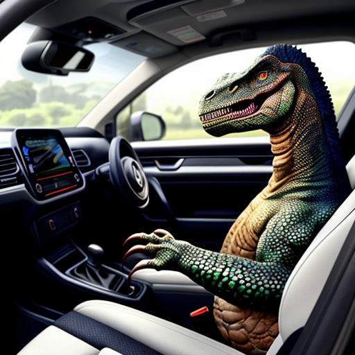 a dinosaur driving a volkswagen sharan
