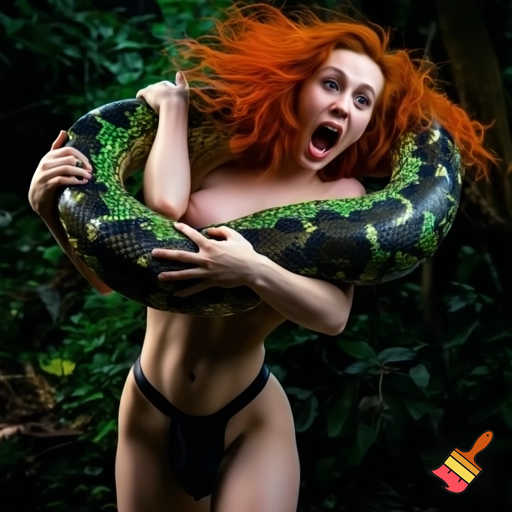 An attractive woman with red hair well formed breasts wearing a loin cloth being coiled around her thighs waist chest and neck and constricted by a giant python slowly squeezing the life from her a look of fear on her face as she screams for help as the python starts to swallow her head first 