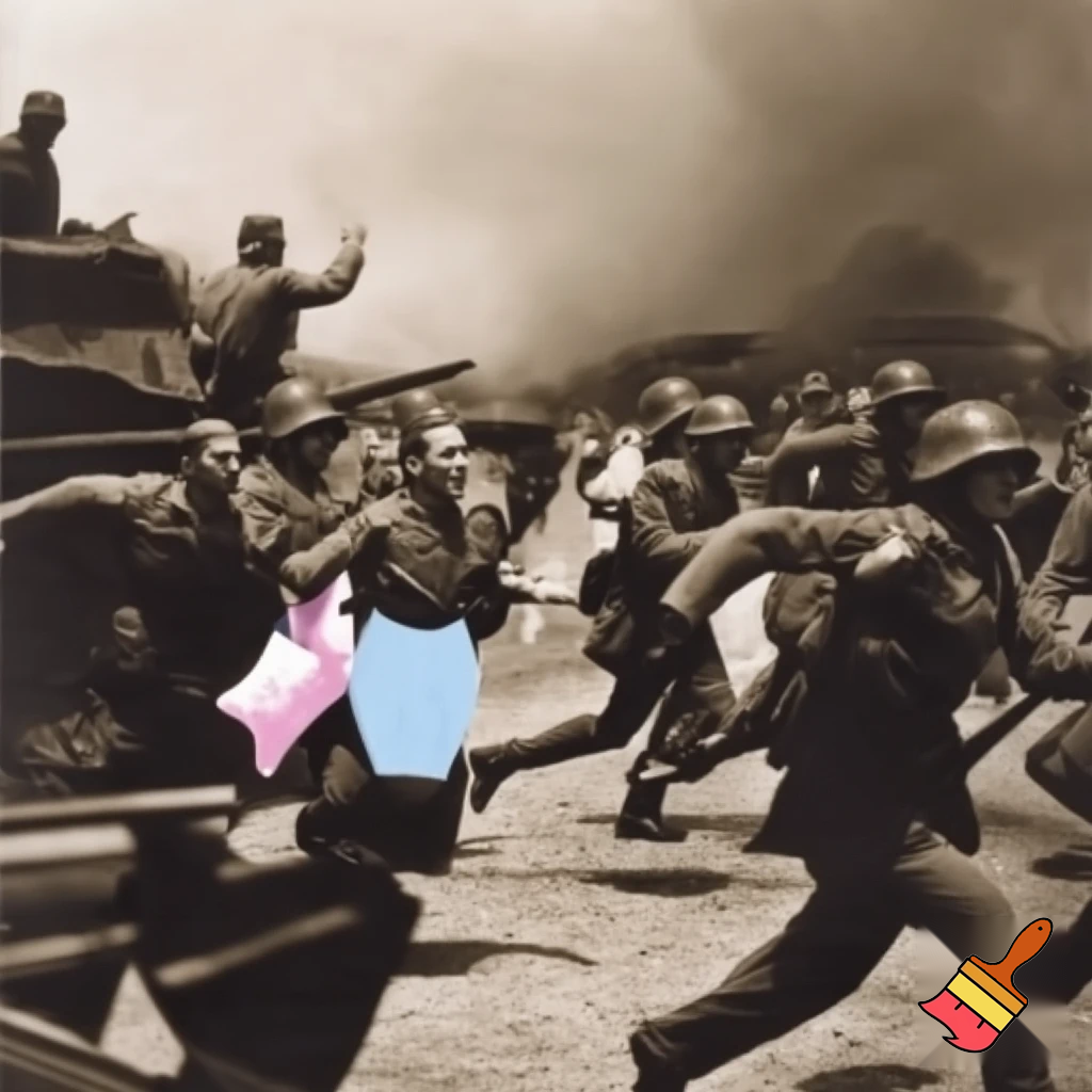 Historical looking photo of the Polish resistance in 1939, pushing back the advancing nazi invasion with a snazzy jazzercise routine