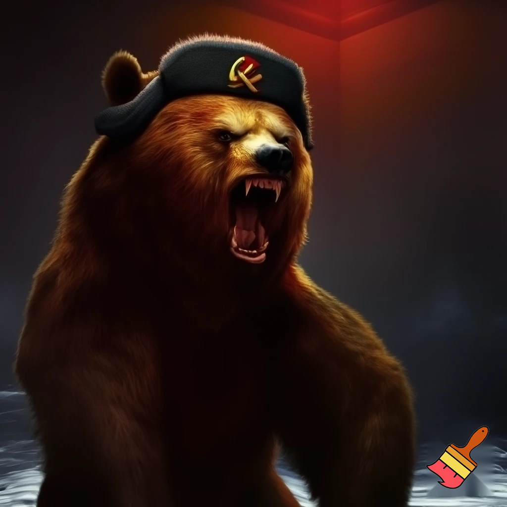 make a bear with a ushanka on withthe soviet sign roaring while sranding on two legs