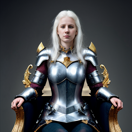 young tall white-haired woman in armor sits on a throne
