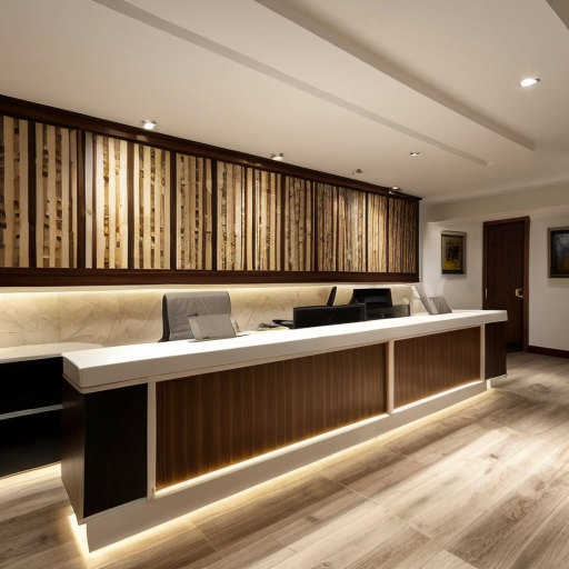 generate an interior picture of a commercial room , The second photo is the most suitable of the ones presented
commercial premises, with a 2.5-meter-long and 2.7-meter-high wall on the left, with 5 4-centimeter-wide pecan-colored boards on the left and right edges of the wall, and black wallpaper with gold-colored thin stripes in between. There is also a 60-centimeter-wide and 2-meter-high decorative panel with a floral pattern, and a 60-centimeter-wide and 2-meter-high mirror. the second wall begins with 50 cm of 4 cm wide pecked walnut-colored slats, followed by a 1.80 m long and 1.3 m high counter with a glass in the middle that is illuminated from the inside with yellow light, then 90 cm of slats that are pecked at regular intervals, and the wall ends with a door that matches the color of the counter. The third wall is covered with decorative plaster. Design this room in a modern and stylish manner.