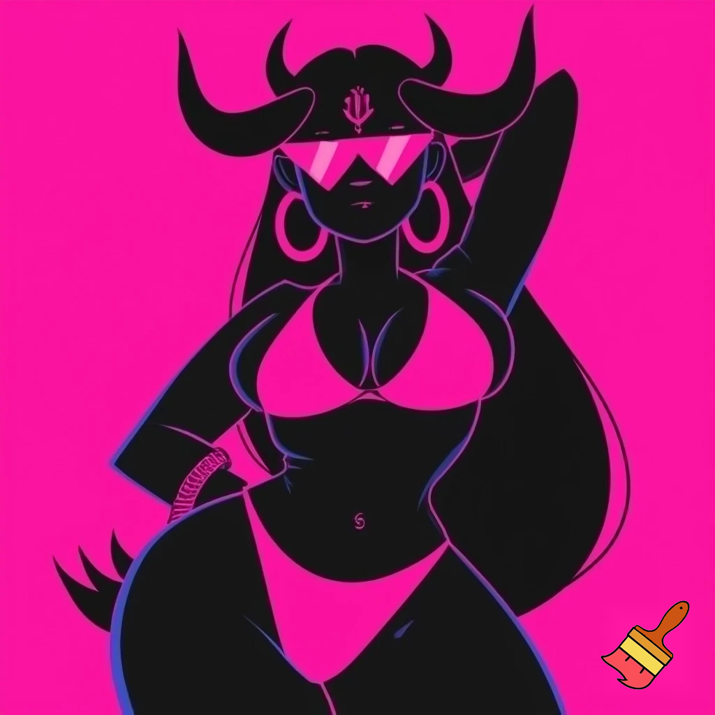 The image is a stylized illustration featuring a dark-skinned, possibly demonic or horned character, posing confidently against a vibrant hot pink background. The character has long, flowing dark hair and prominent horns that curve upwards from their head. Their eyes are obscured by a pair of sleek, triangular hot pink sunglasses.
They are depicted wearing a minimal hot pink bikini, consisting of a triangle top and a high-cut thong bottom. A distinctive symbol, resembling a trident or a stylized "psi" symbol, is visible on their forehead, also in hot pink. The character is adorned with large hoop earrings and a bracelet on their left wrist, all in matching hot pink.
Their body language suggests confidence, with one arm raised and bent behind their head, and the other hand resting on their hip. The overall style is bold and graphic, using strong outlines and a limited color palette of black and hot pink, creating a high-contrast and striking visual.
