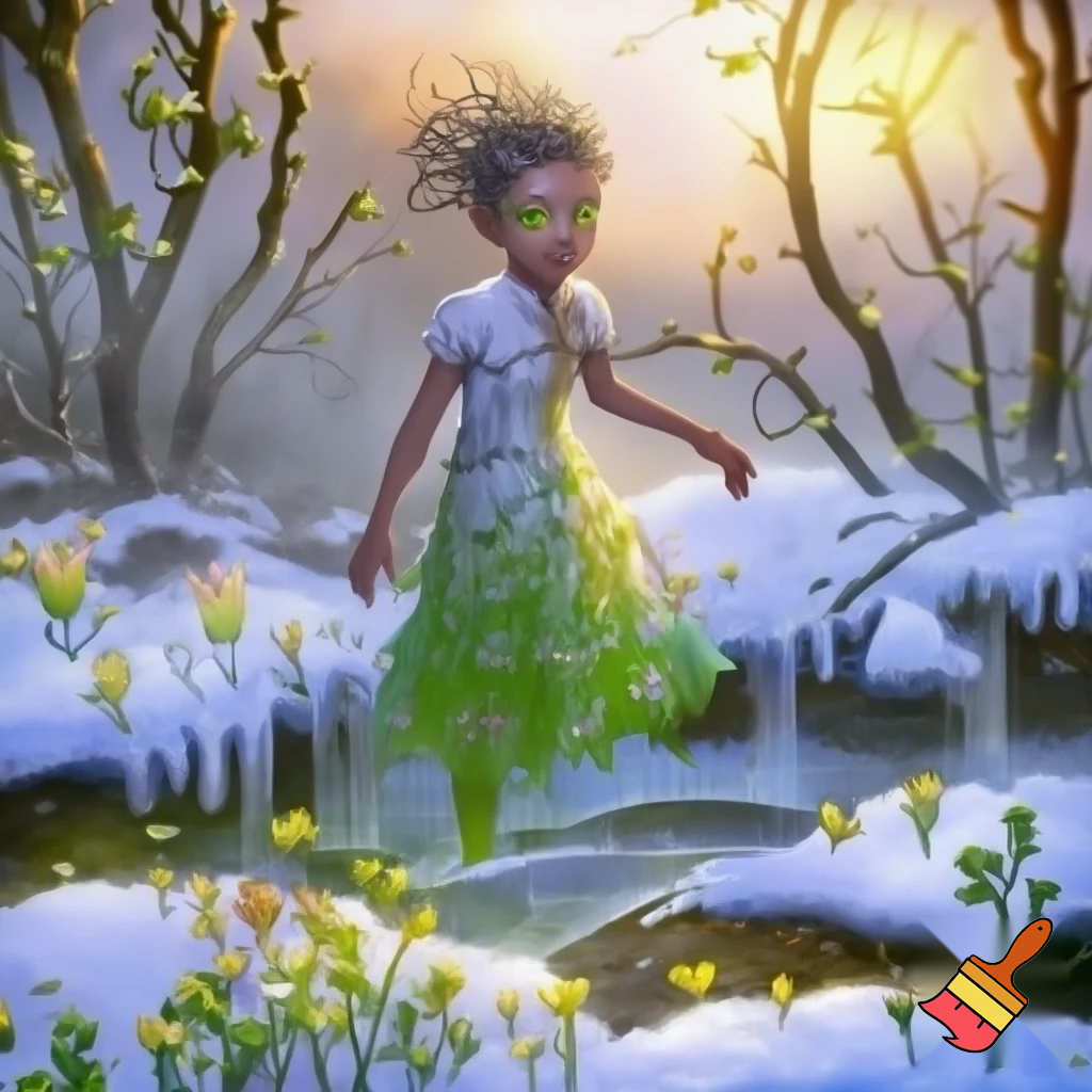 Девушка зима плавно растворяется и переходит в весну, природа фэнтези, сказочно, волшебно

