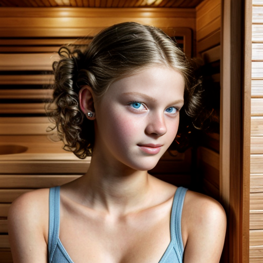 teen ,, , lifelike, portrait, highly detailed, , sharp focus, illustration, art by kittichai  and james gurney and alphonse mucha, ,  with curly blond hair and vibrant blue eyes, photorealistic, at her room, laying, sauna