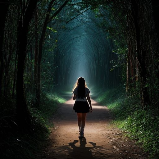 “Teen girl walking home through Amazon path, soft mystical glow behind her.”
