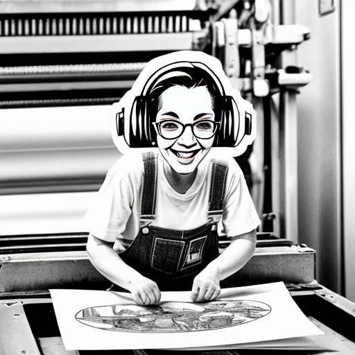 Humorous pencil sketch caricature of a female “star worker” in a printing press, keeping likeness to the photo, exaggerated cheerful smile, expressive eyes with glasses, short hair slightly wind-blown, a few earrings, she has 60 years old, wearing overalls with rolled-up legs and a simple t-shirt, dynamic triumphant pose holding a stack of paper, small ants in work helmets carrying paper, printing machines in the background with spinning rollers and floating sheets, comic-style expressive lines, light hatching and shading, playful and satirical, energetic and lively, not mean-spirited, caricature