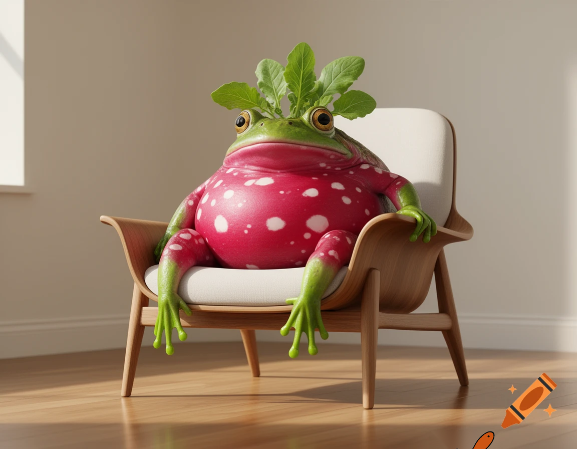 A funny radish vegetable toad sitting in a modern room chair.
