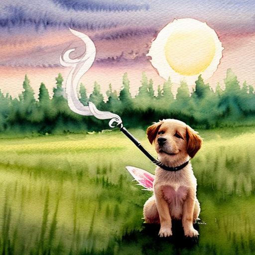 Roztomilé štěně drží lehce kouřící klacík, stojí proti zapadajícímu slunci, kolem louka a les. Kouř tvoří jemný obláček. Pohádková ilustrace, měkké světlo, dětský akvarel, hravá atmosféra.