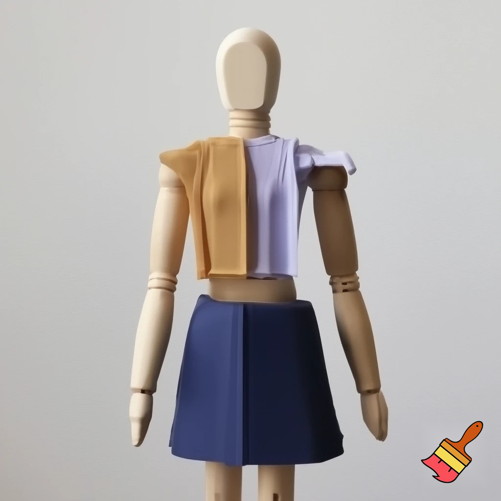 flat woman figure 6 mm cut out of wood with  flat pieces of clothes (skirt, shirt, sweater) 3D printed out of plastic attached with help of magnets from both sides so it sits like real clothes and fits the size of woman figure
