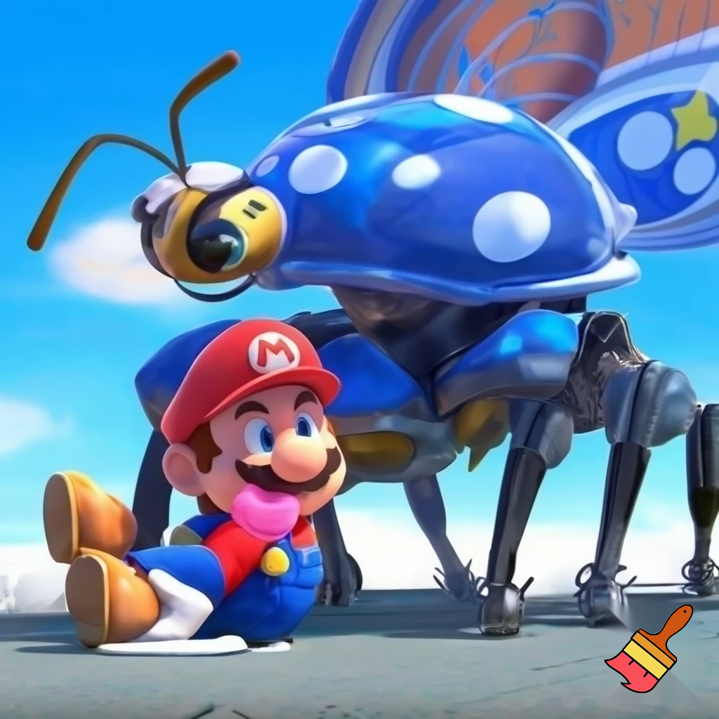 Mario sucking on a toe in a huge robot that is a bug
