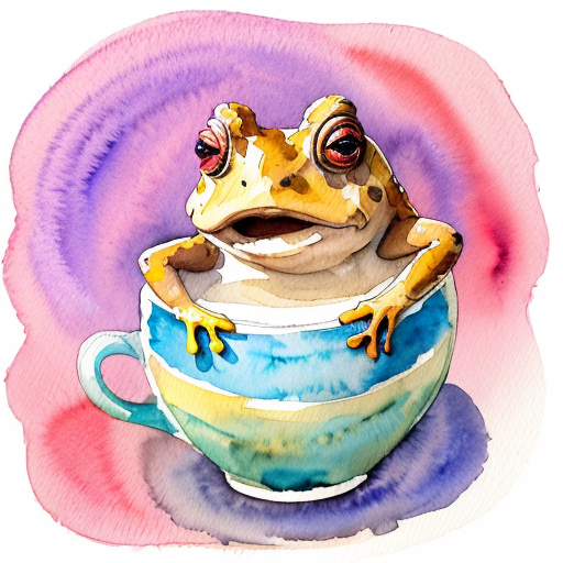 A hillarious, funny boho toad with some hippie colored coffee cups. Psychedelic decorated background. Drawing Hard style.
