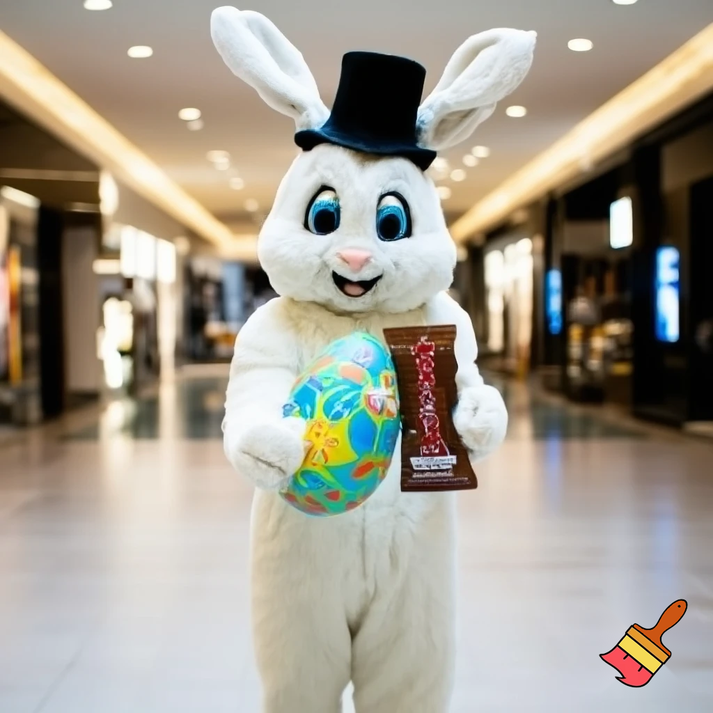 Easter bunny mascot top hat at the shopping centre mascot costume Darrell Lea
