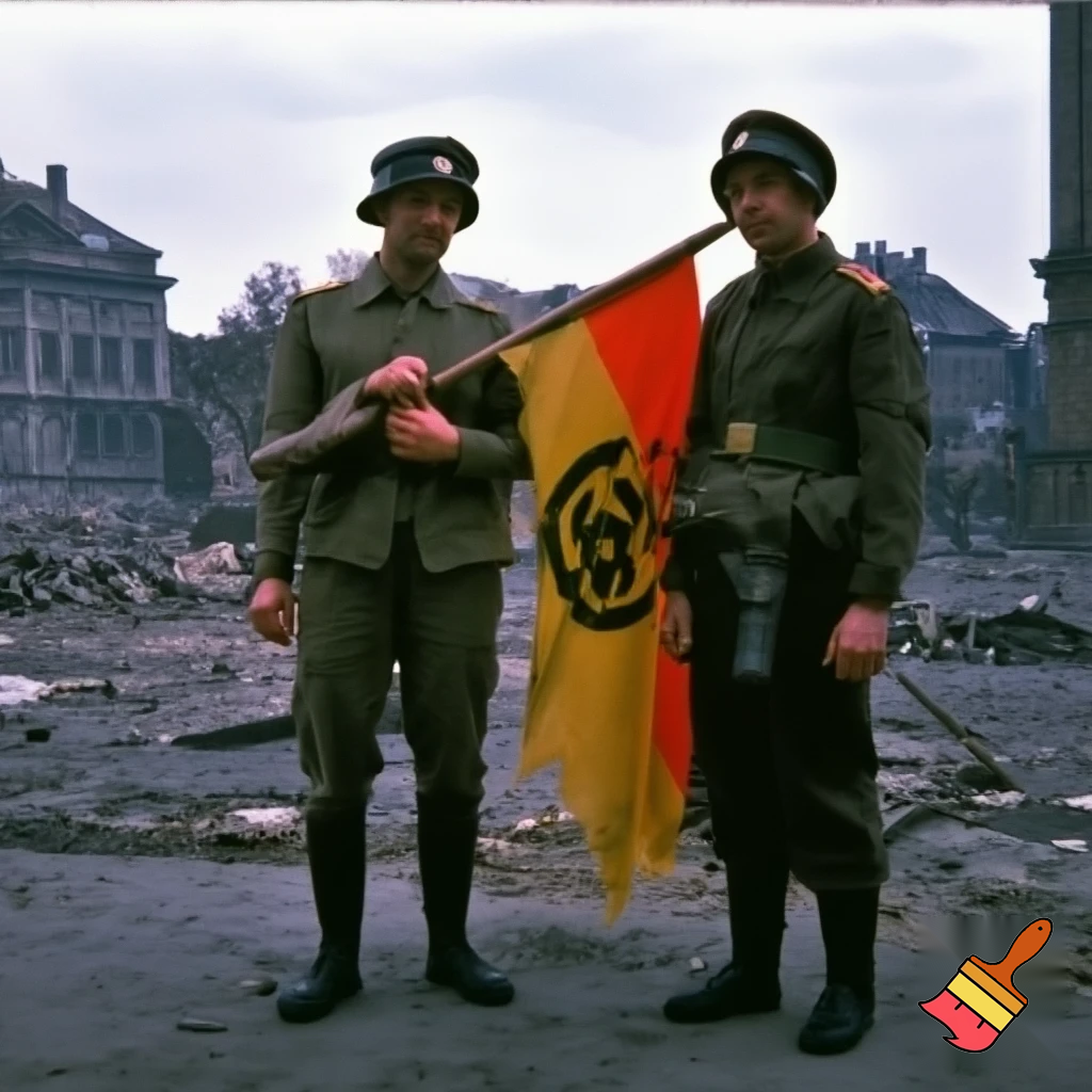 Солдаты ГДР и СССР (1980-1990ые годы,форма,оружие и снаряжение того времени) Держат довольно большой флаг ГДР (солдат гдр - слева,солдат СССР - справа) на фоне полу-разрушенной площади в город Брауншвейг.
