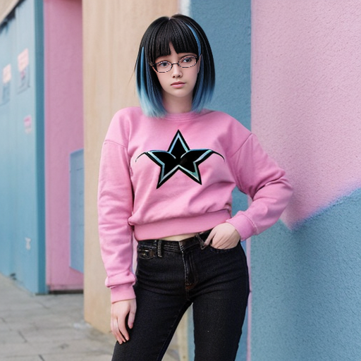 Make an anime girl with pink skin light blue jeans with black stars hair that is a gradient from black to pink but does not go past her shoulders and she also wears a link sweatshirt her eyes are pink her shoes are pink and she has black round glasses
