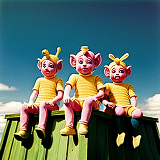 Teletubbies in 1997 sitting on top of their house