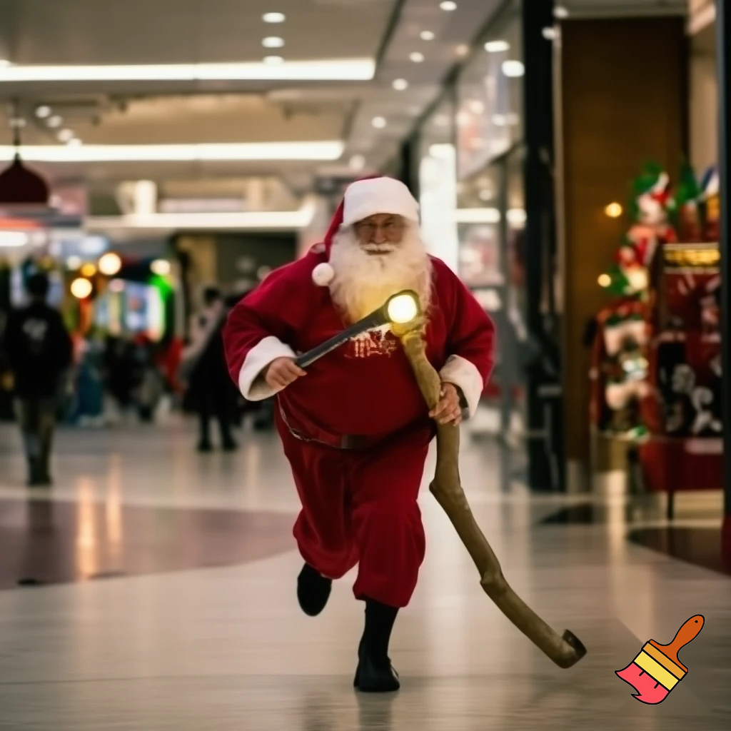 Santa Claus running with the walking stick running with his magic walking stick walking in the shopping centre with the walking stick magic staff walking stick affectation the police are on the way the police elf on the shelf