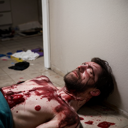 A shirtless random man (neighbor), face are hiding by shirt, died already, chest open wounded, blood everywhere, eye closed, floor on corpse.