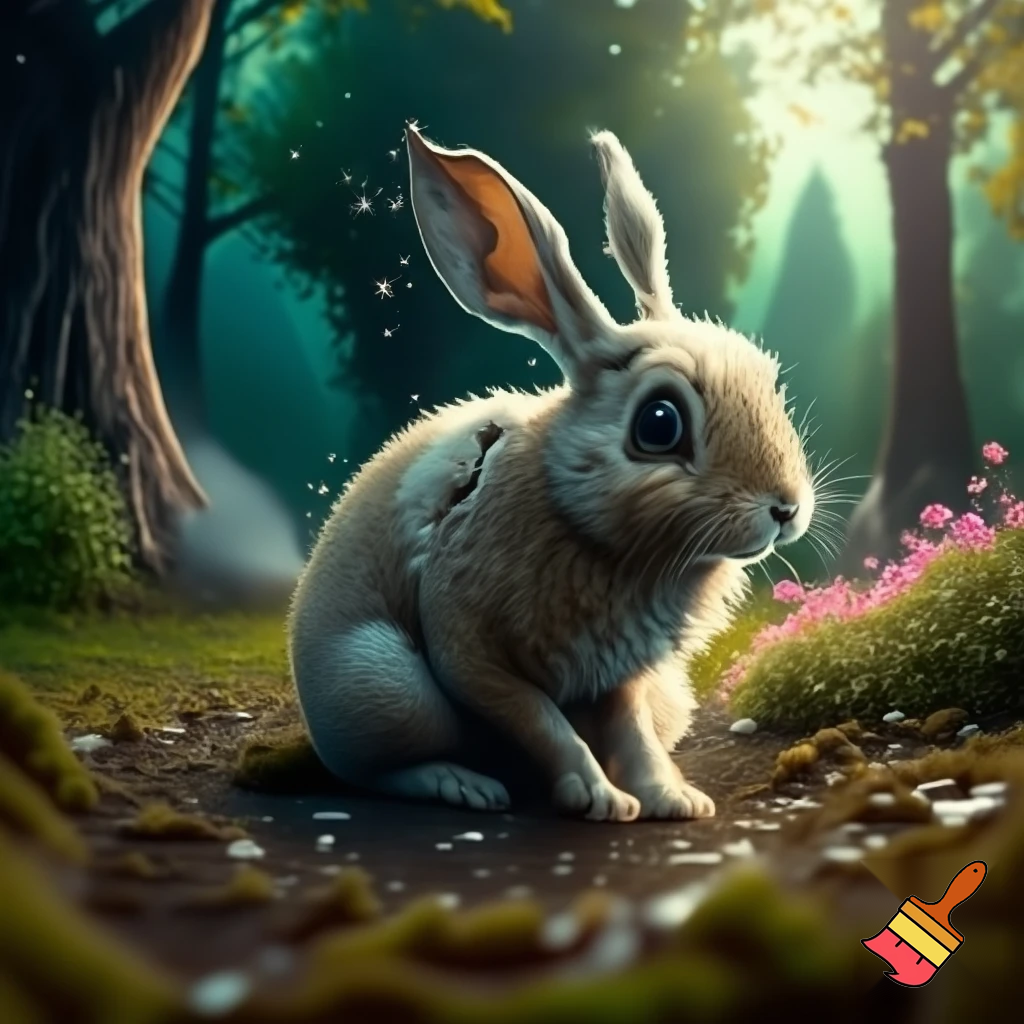 Cartoon style illustration of a small, sad rabbit sitting alone on the forest floor with teary eyes, looking lonely and scared. A vibrant, colorful forest background with trees, sunlight filtering through leaves, flowers, and bushes. Make it emotional and storybook-like, rabbit is the same character as in following scenes, no fox yet