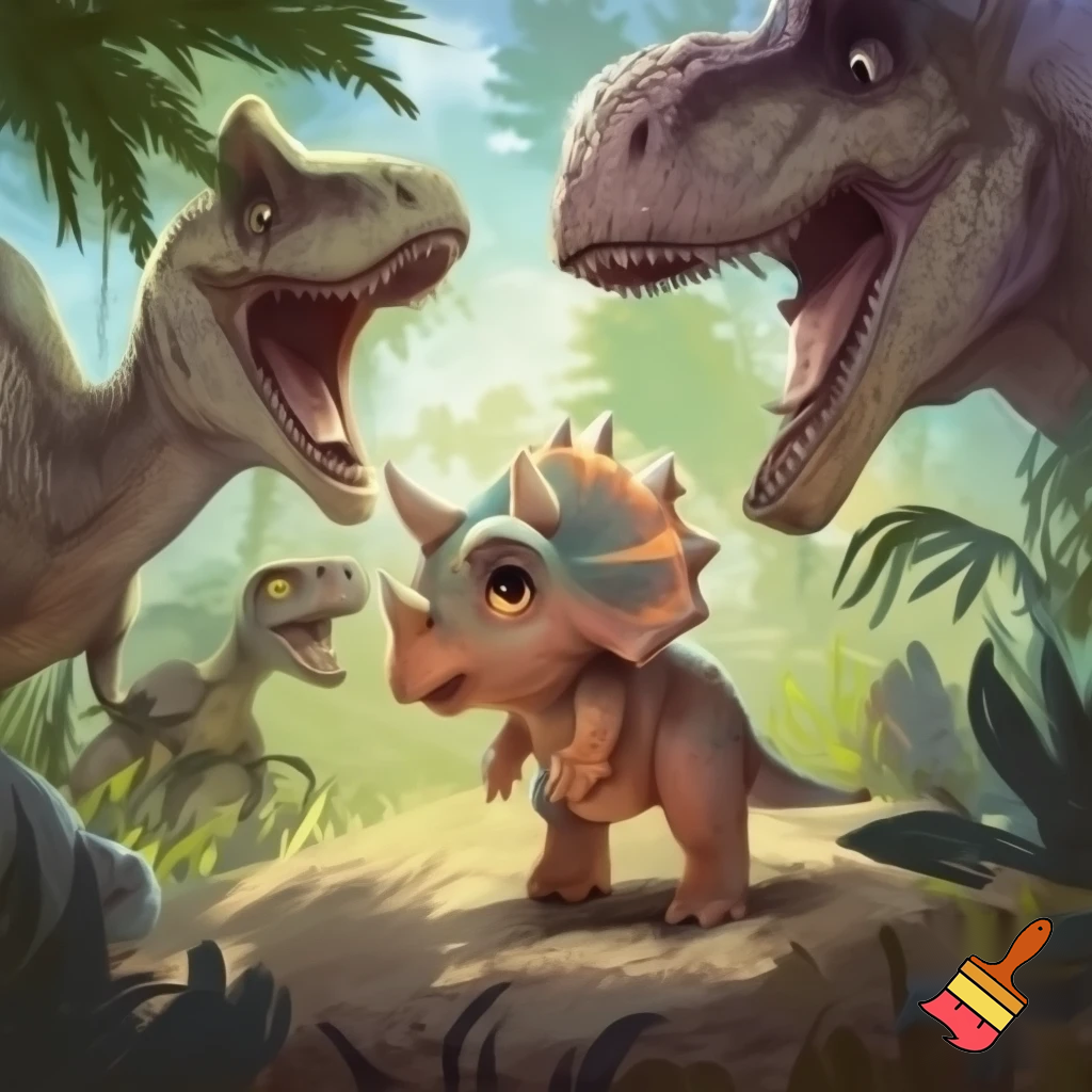 Draw a baby triceratops getting laughed at by other dinosaurs 