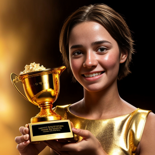 the emotion proud one person gold holding trophy Pixar cartoon style gold skin  happy pretty  gold face inside out movie gold everything orange